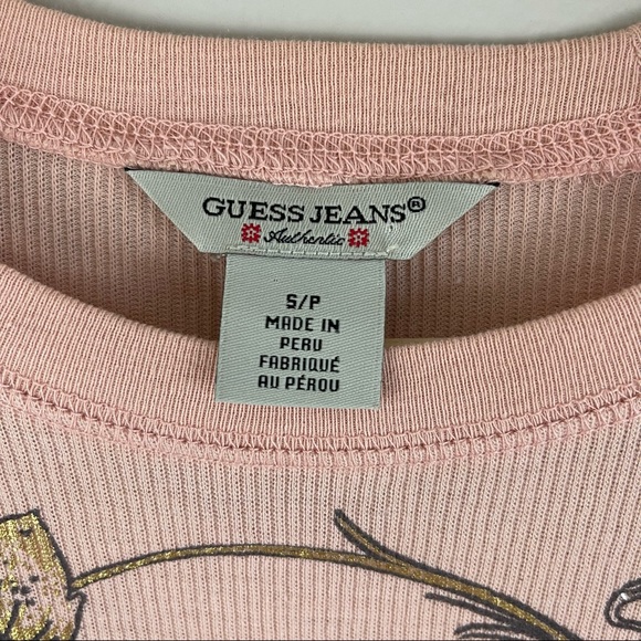 GUESS Vintage Y2K Light Baby Pink Gold Floral Fitted Graphic Long Sleeve Top - Picture 6 of 8